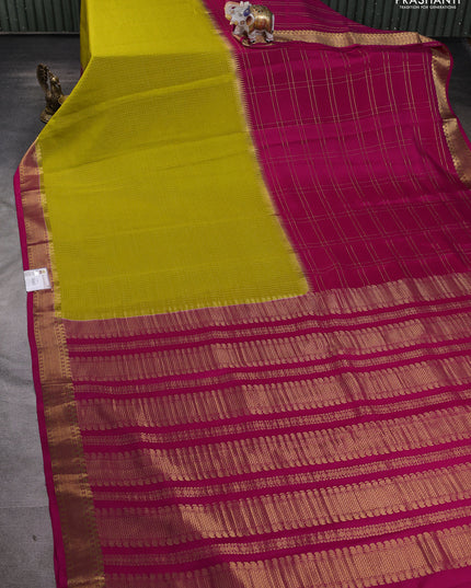Pure mysore silk saree lime yellow and pink with allover zari checks and zari woven border
