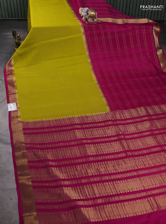 Pure mysore silk saree lime yellow and pink with allover zari checks and zari woven border