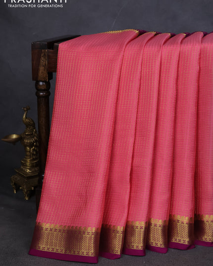 Pure mysore silk saree peach pink and purple with allover zari checks and zari woven border