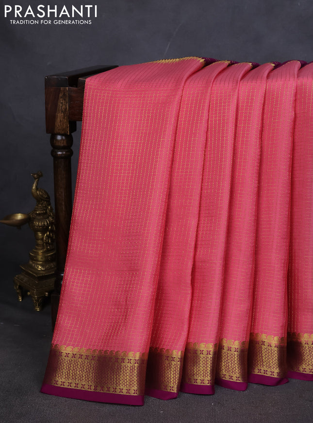 Pure mysore silk saree peach pink and purple with allover zari checks and zari woven border
