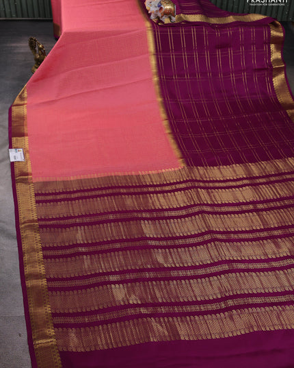 Pure mysore silk saree peach pink and purple with allover zari checks and zari woven border