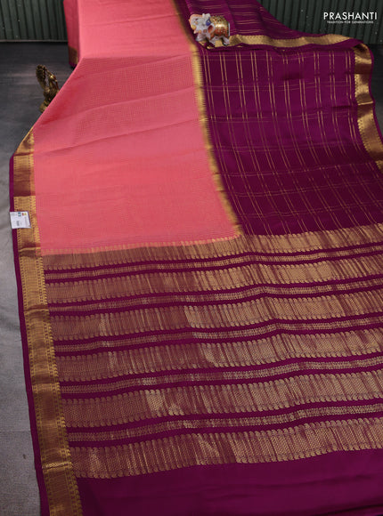 Pure mysore silk saree peach pink and purple with allover zari checks and zari woven border