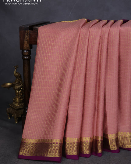 Pure mysore silk saree mild peach and purple with allover zari checks and zari woven border