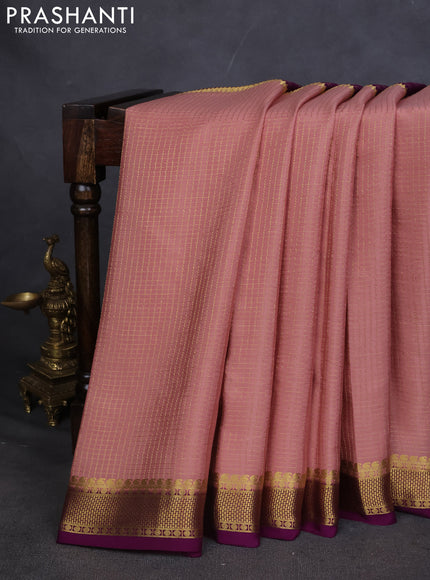Pure mysore silk saree mild peach and purple with allover zari checks and zari woven border