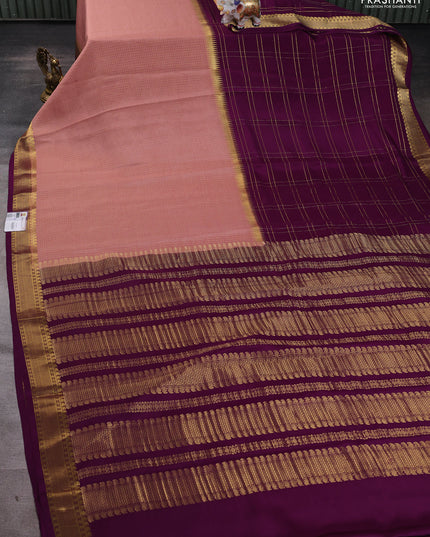 Pure mysore silk saree mild peach and purple with allover zari checks and zari woven border