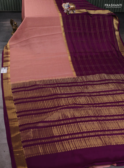 Pure mysore silk saree mild peach and purple with allover zari checks and zari woven border