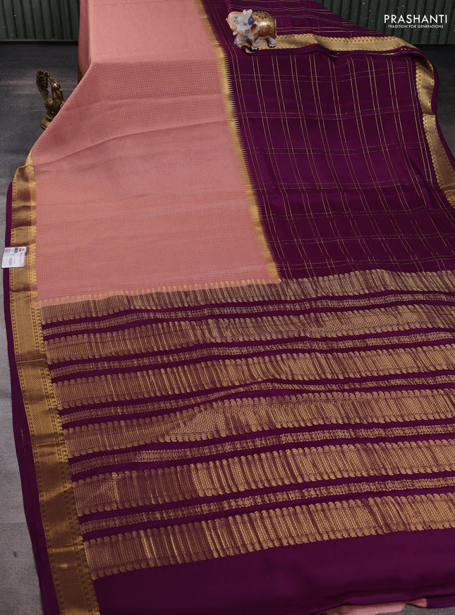 Pure mysore silk saree mild peach and purple with allover zari checks and zari woven border