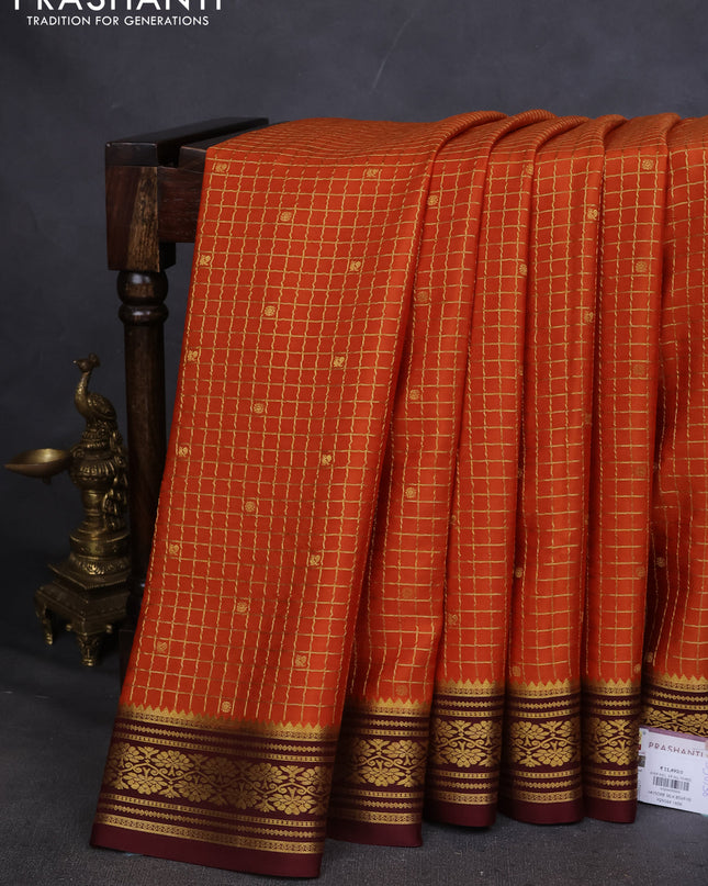 Pure mysore silk saree rustic orange and maroon with allover zari checks & buttas and zari woven border