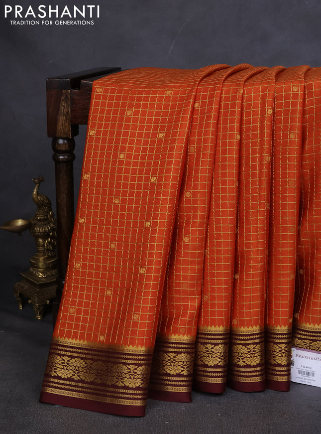 Pure mysore silk saree rustic orange and maroon with allover zari checks & buttas and zari woven border