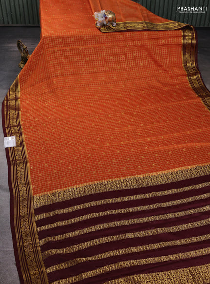 Pure mysore silk saree rustic orange and maroon with allover zari checks & buttas and zari woven border