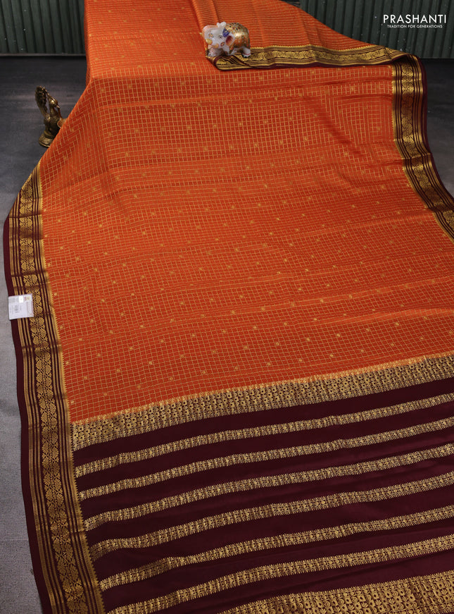 Pure mysore silk saree rustic orange and maroon with allover zari checks & buttas and zari woven border