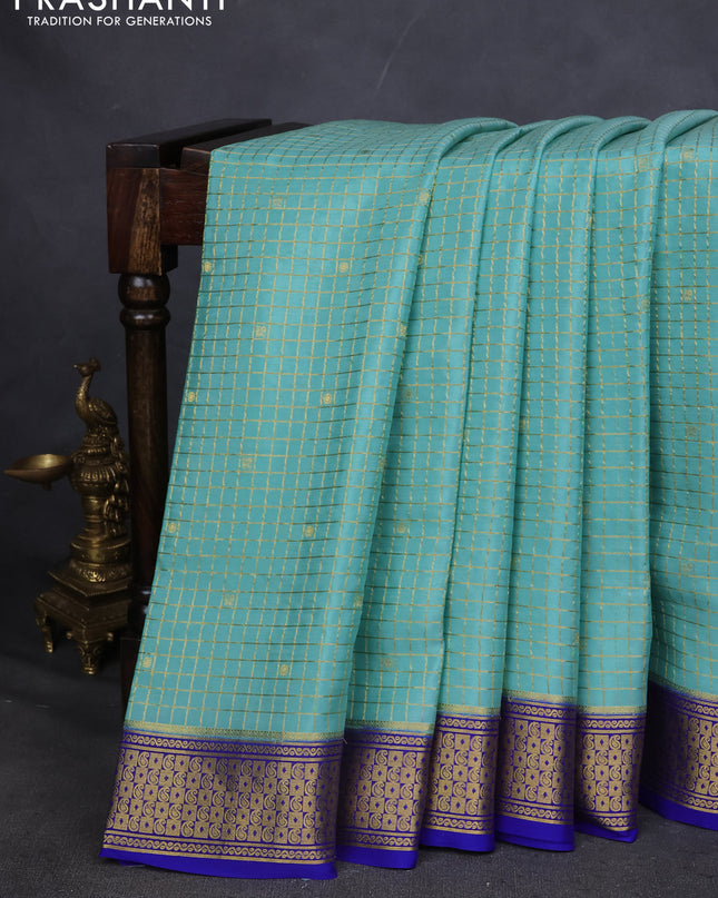 Pure mysore silk saree teal shade and blue with allover zari checks & buttas and zari woven border