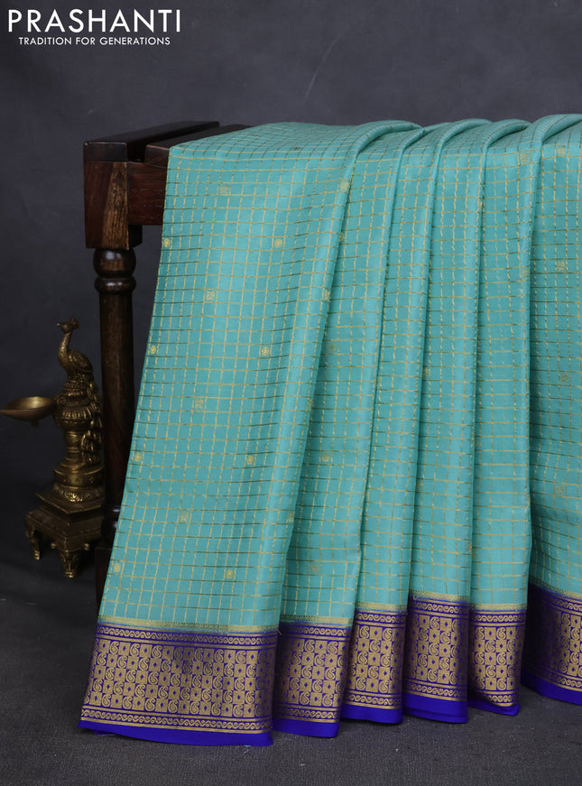 Pure mysore silk saree teal shade and blue with allover zari checks & buttas and zari woven border
