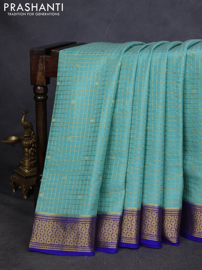 Pure mysore silk saree teal shade and blue with allover zari checks & buttas and zari woven border
