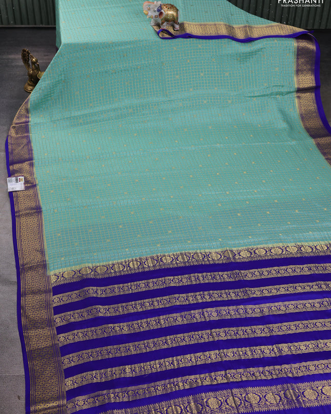 Pure mysore silk saree teal shade and blue with allover zari checks & buttas and zari woven border