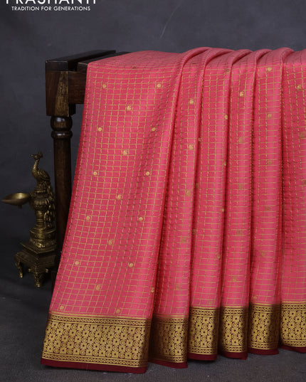 Pure mysore silk saree peach pink and maroon with allover zari checks & buttas and zari woven border