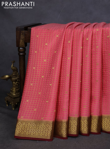 Pure mysore silk saree peach pink and maroon with allover zari checks & buttas and zari woven border