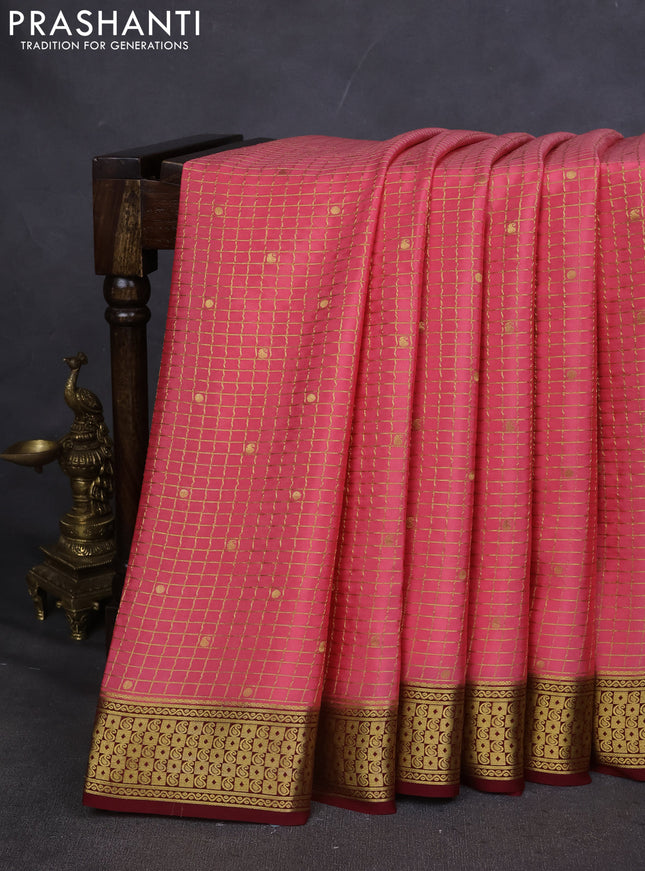 Pure mysore silk saree peach pink and maroon with allover zari checks & buttas and zari woven border