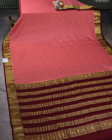 Pure mysore silk saree peach pink and maroon with allover zari checks & buttas and zari woven border