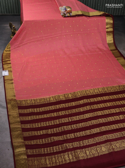 Pure mysore silk saree peach pink and maroon with allover zari checks & buttas and zari woven border