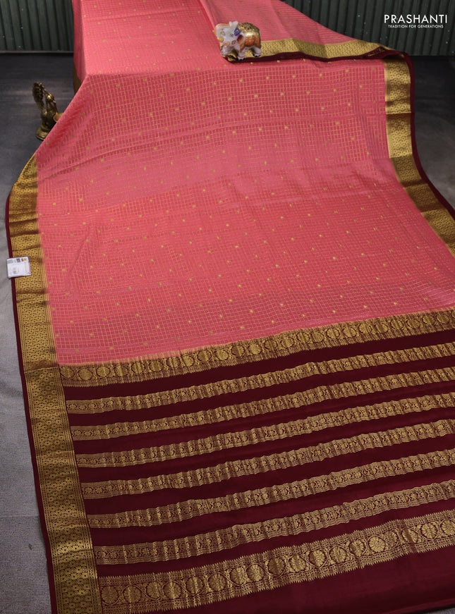 Pure mysore silk saree peach pink and maroon with allover zari checks & buttas and zari woven border
