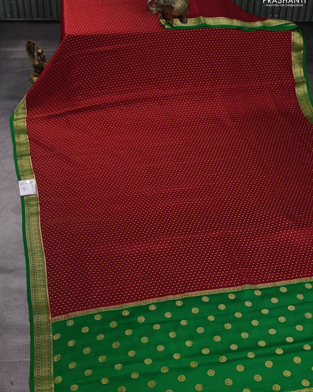 Pure mysore silk saree red and green with allover zari woven butta weaves and zari woven border