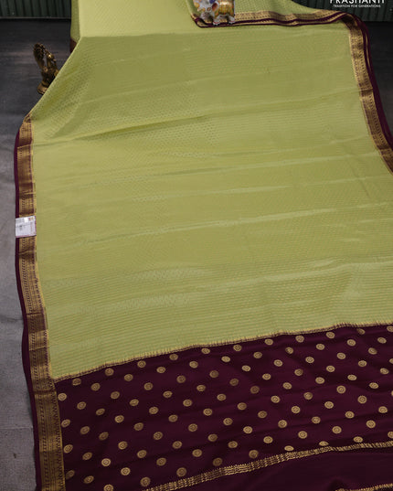 Pure mysore silk saree pista green and deep purple with allover zari woven butta weaves and zari woven border