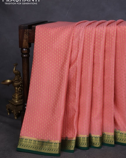 Pure mysore silk saree peach orange and green with allover zari woven butta weaves and zari woven border