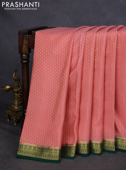 Pure mysore silk saree peach orange and green with allover zari woven butta weaves and zari woven border