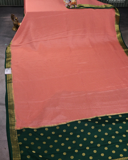 Pure mysore silk saree peach orange and green with allover zari woven butta weaves and zari woven border