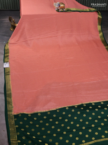 Pure mysore silk saree peach orange and green with allover zari woven butta weaves and zari woven border