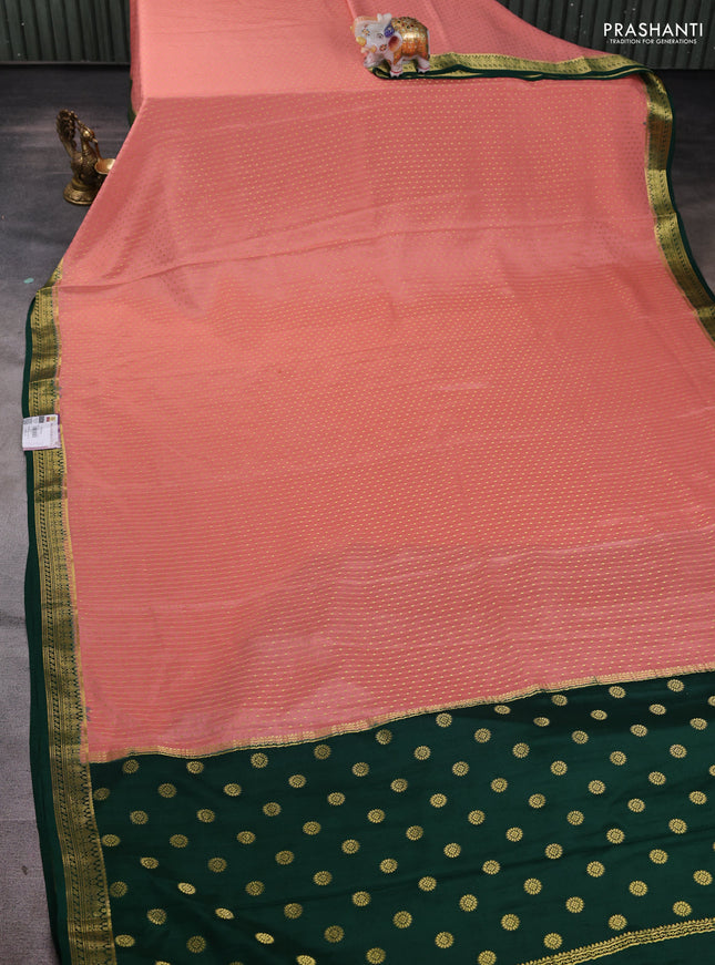 Pure mysore silk saree peach orange and green with allover zari woven butta weaves and zari woven border