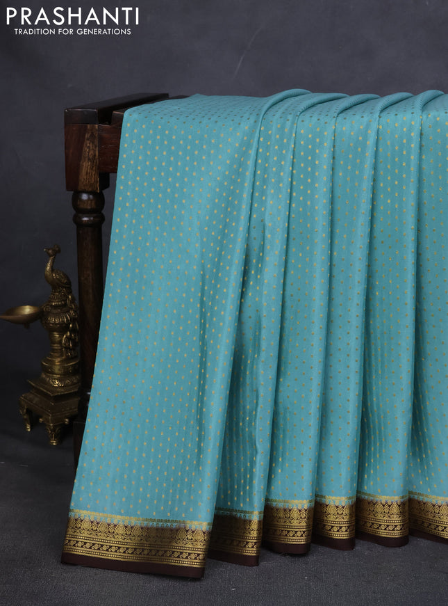 Pure mysore silk saree pastel blue and brown with allover zari woven butta weaves and zari woven border