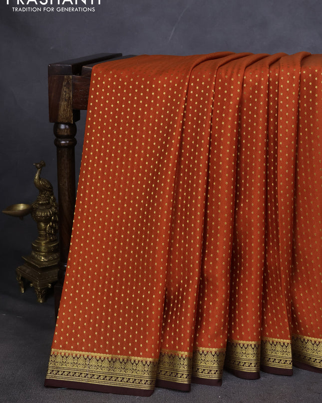 Pure mysore silk saree rustic orange and purple with allover zari woven butta weaves and zari woven border