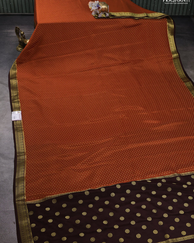 Pure mysore silk saree rustic orange and purple with allover zari woven butta weaves and zari woven border