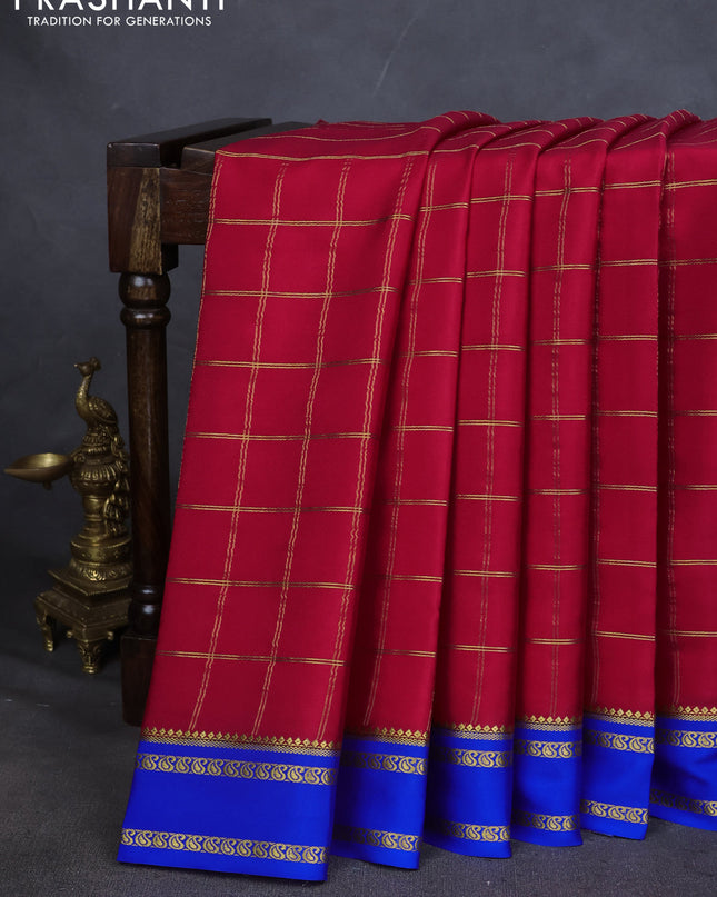 Pure mysore silk saree pink and blue with allover zari checked pattern and rettapet zari woven border