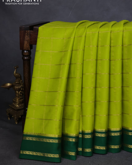 Pure mysore silk saree lime green and green with allover zari checked pattern and rettapet zari woven border