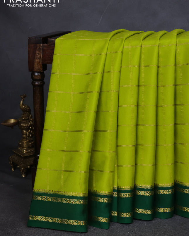 Pure mysore silk saree lime green and green with allover zari checked pattern and rettapet zari woven border