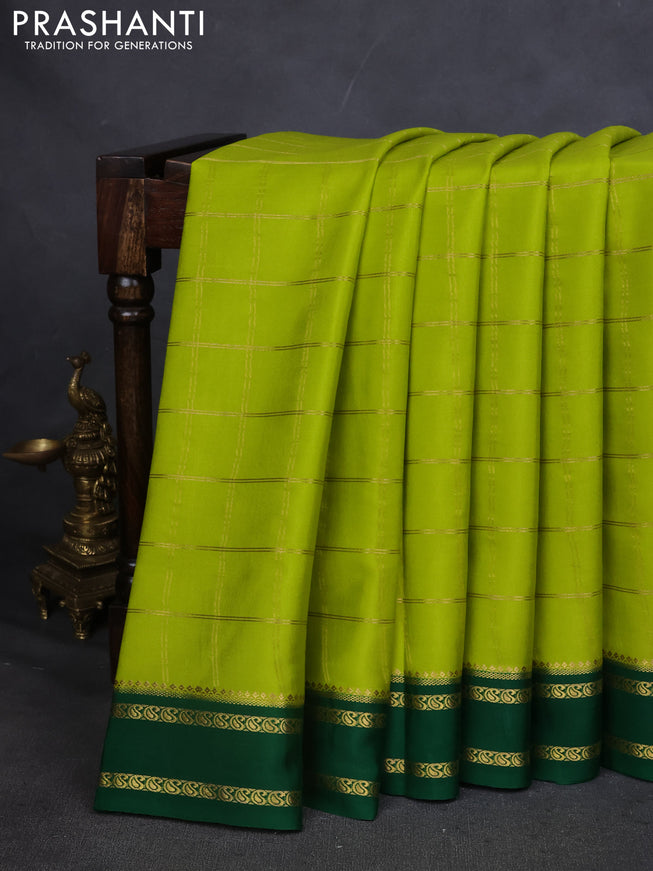 Pure mysore silk saree lime green and green with allover zari checked pattern and rettapet zari woven border