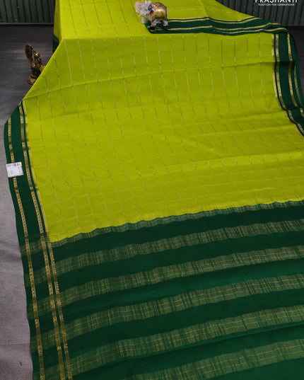 Pure mysore silk saree lime green and green with allover zari checked pattern and rettapet zari woven border