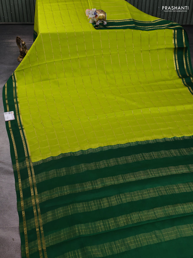 Pure mysore silk saree lime green and green with allover zari checked pattern and rettapet zari woven border