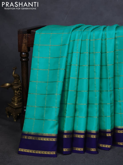 Pure mysore silk saree teal blue and navy blue with allover zari checked pattern and rettapet zari woven border