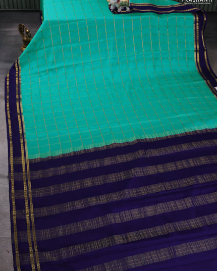 Pure mysore silk saree teal blue and navy blue with allover zari checked pattern and rettapet zari woven border