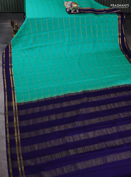 Pure mysore silk saree teal blue and navy blue with allover zari checked pattern and rettapet zari woven border