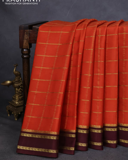 Pure mysore silk saree orange and brown with allover zari checked pattern and rettapet zari woven border