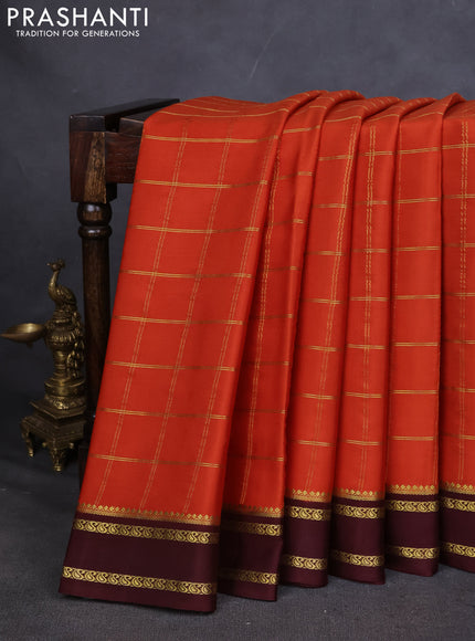 Pure mysore silk saree orange and brown with allover zari checked pattern and rettapet zari woven border