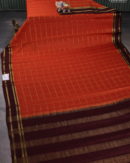 Pure mysore silk saree orange and brown with allover zari checked pattern and rettapet zari woven border