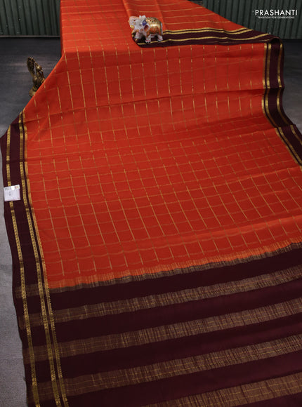 Pure mysore silk saree orange and brown with allover zari checked pattern and rettapet zari woven border