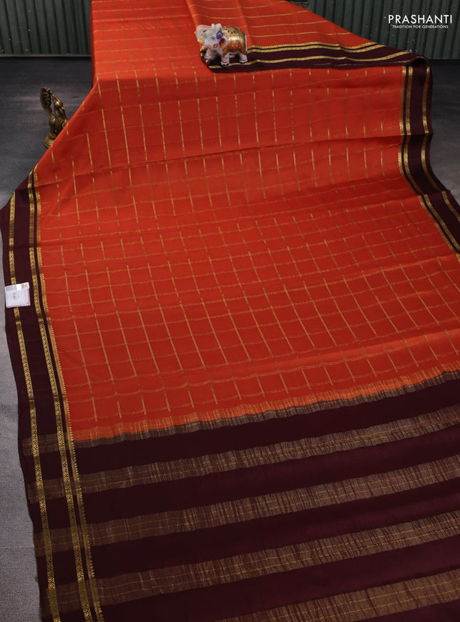 Pure mysore silk saree orange and brown with allover zari checked pattern and rettapet zari woven border