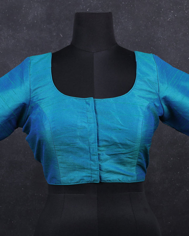 Teal blue semi raw silk readymade blouse